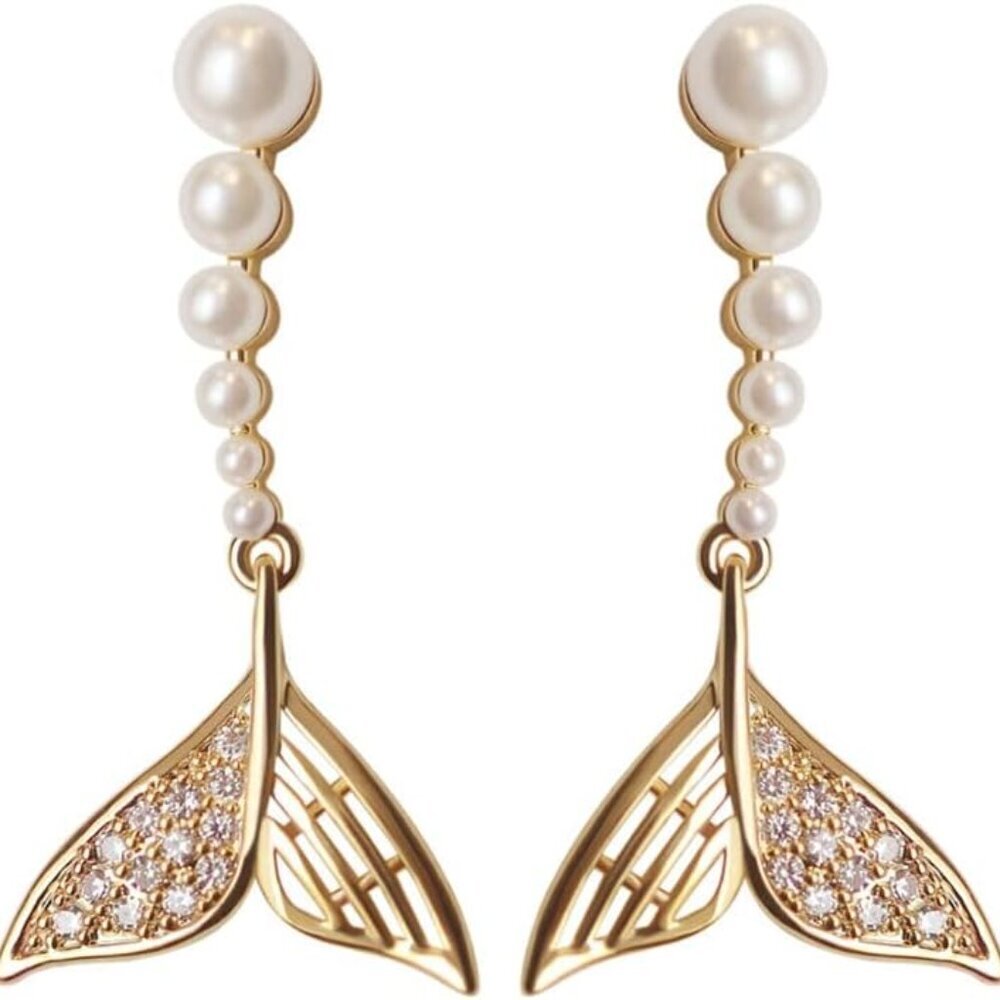 Gold Sterling Silver Dangle Pearl Mermaid Tail Earrings with Cubic Zirconia - El